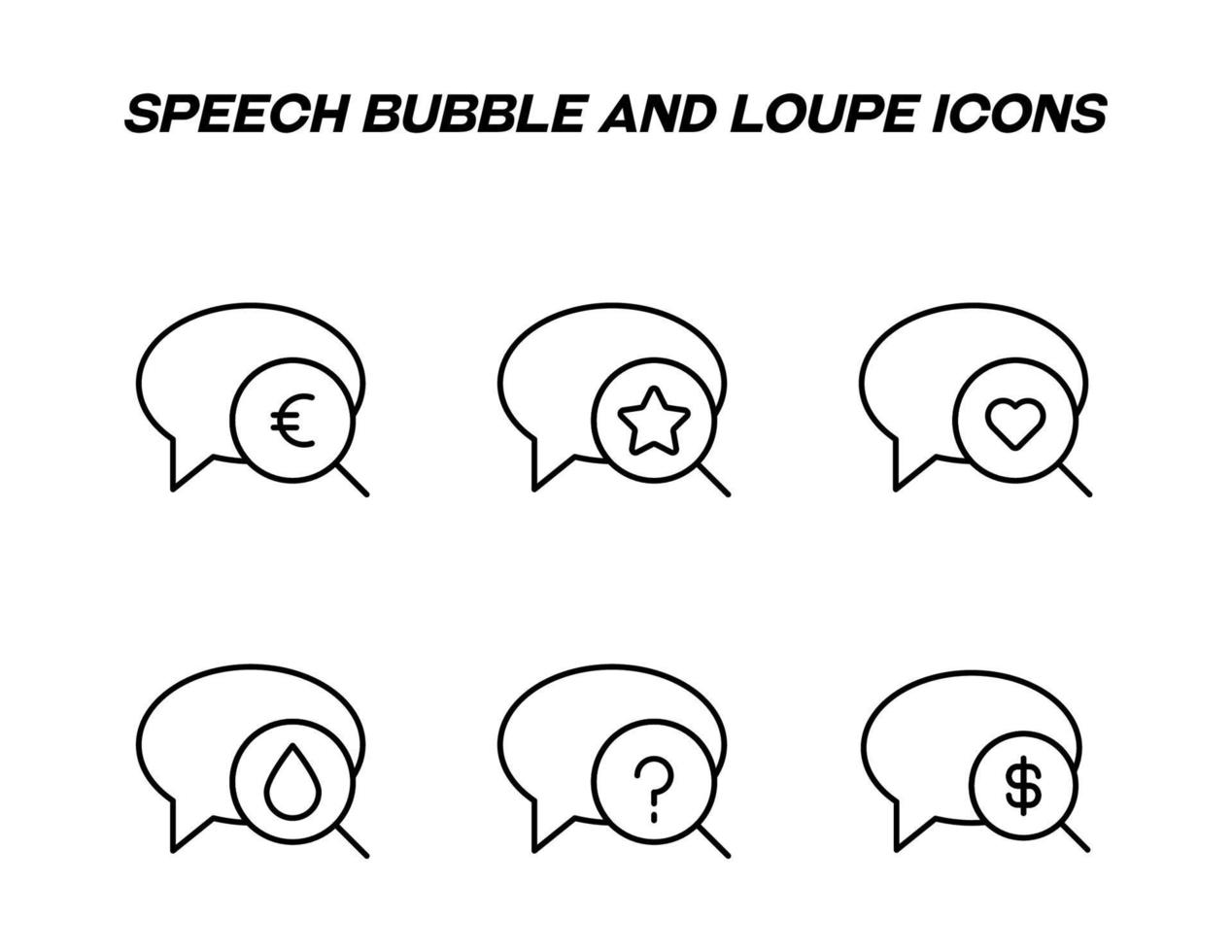 enseignes monochromes de style plat pour magasins, boutiques, sites web. trait modifiable. icône de ligne vectorielle sertie de symboles de l'euro, de l'étoile, du coeur, du dollar, de l'eau, de la question dans la bulle de dialogue et de la loupe vecteur