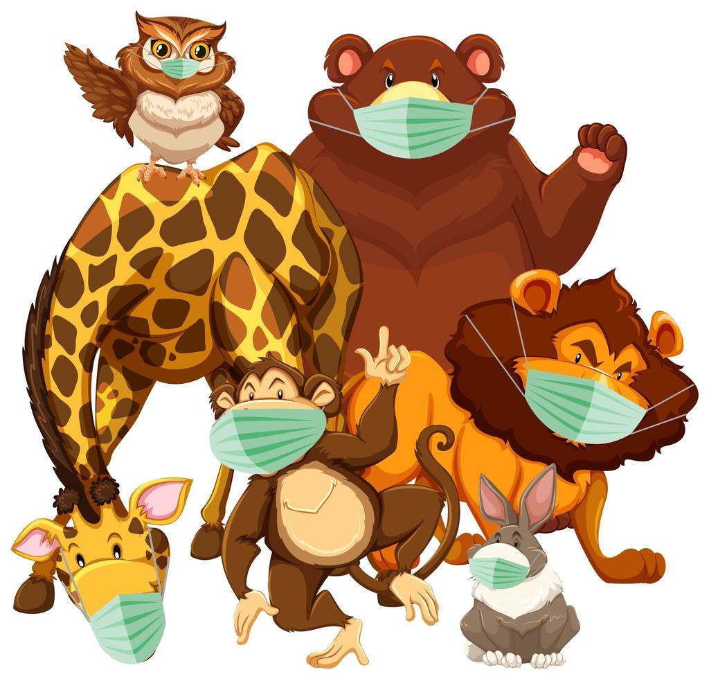 personnages de dessins animés animaux sauvages portant un masque vecteur
