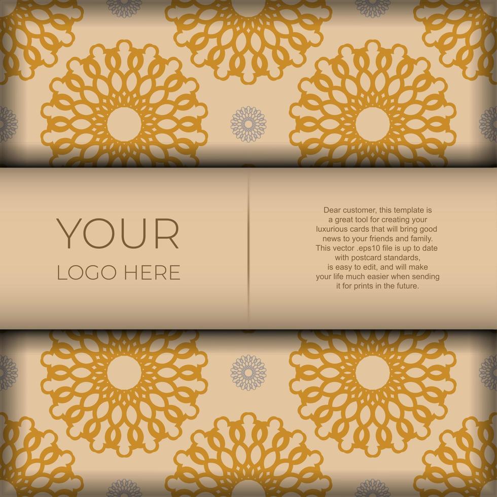 modèle pour cartes postales de conception d'impression de couleur beige avec des motifs de mandala. préparer une invitation avec une place pour votre texte et votre ornement abstrait. vecteur