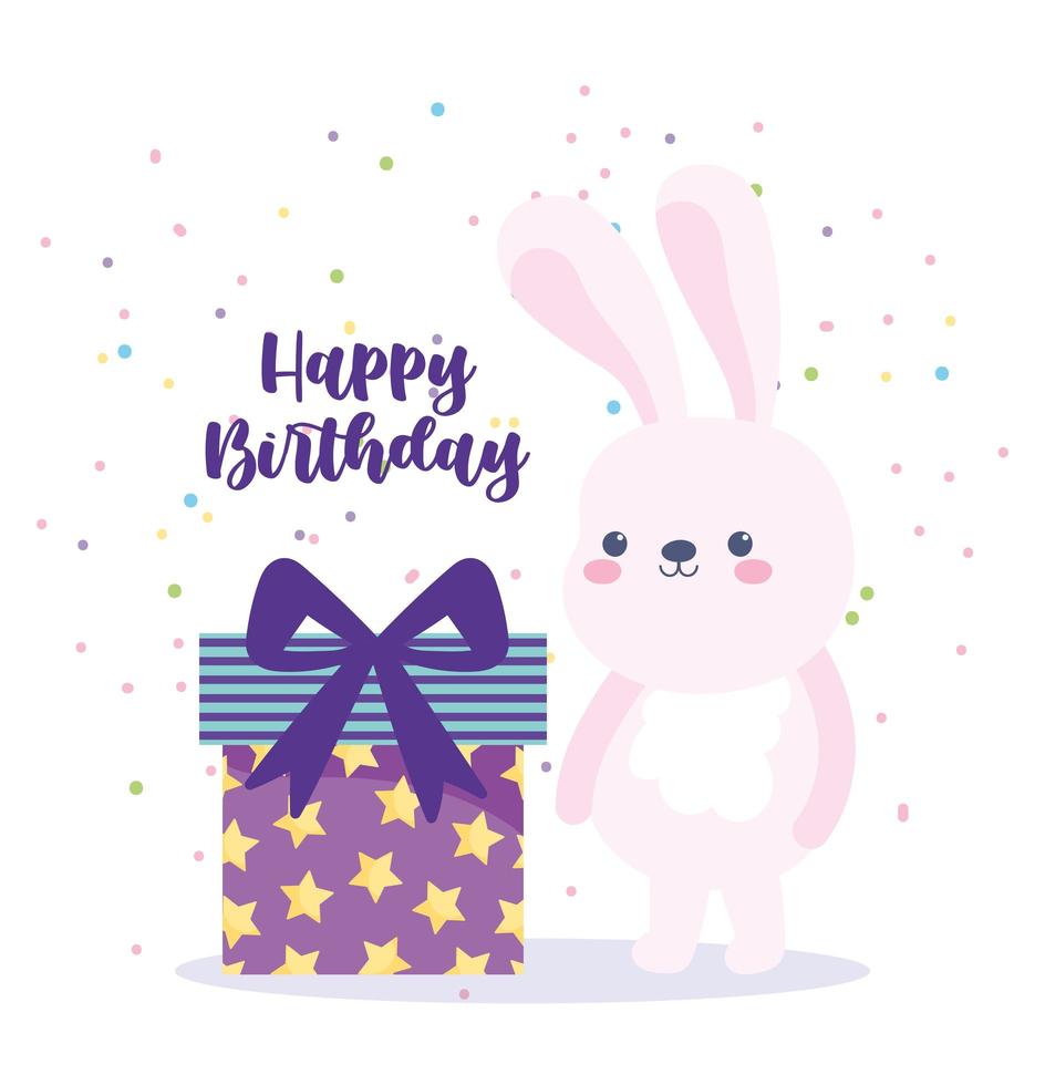 joyeux anniversaire lapin et coffret cadeau surprise vecteur