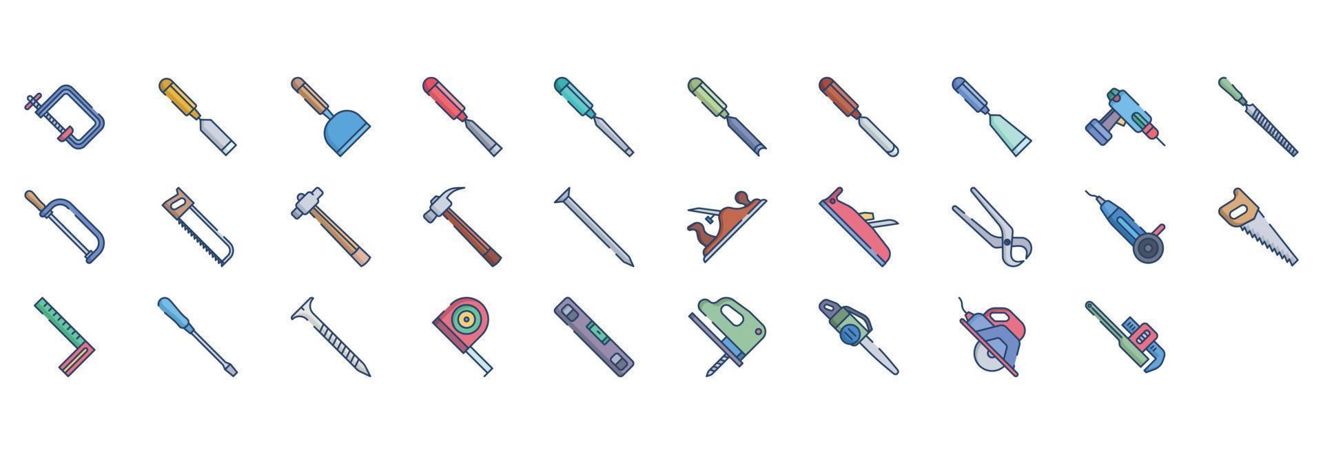 collection d'icônes liées aux outils de menuiserie, y compris des icônes comme la tondeuse, l'outil de coupe, le fichier et plus encore. illustrations vectorielles, ensemble parfait de pixels vecteur