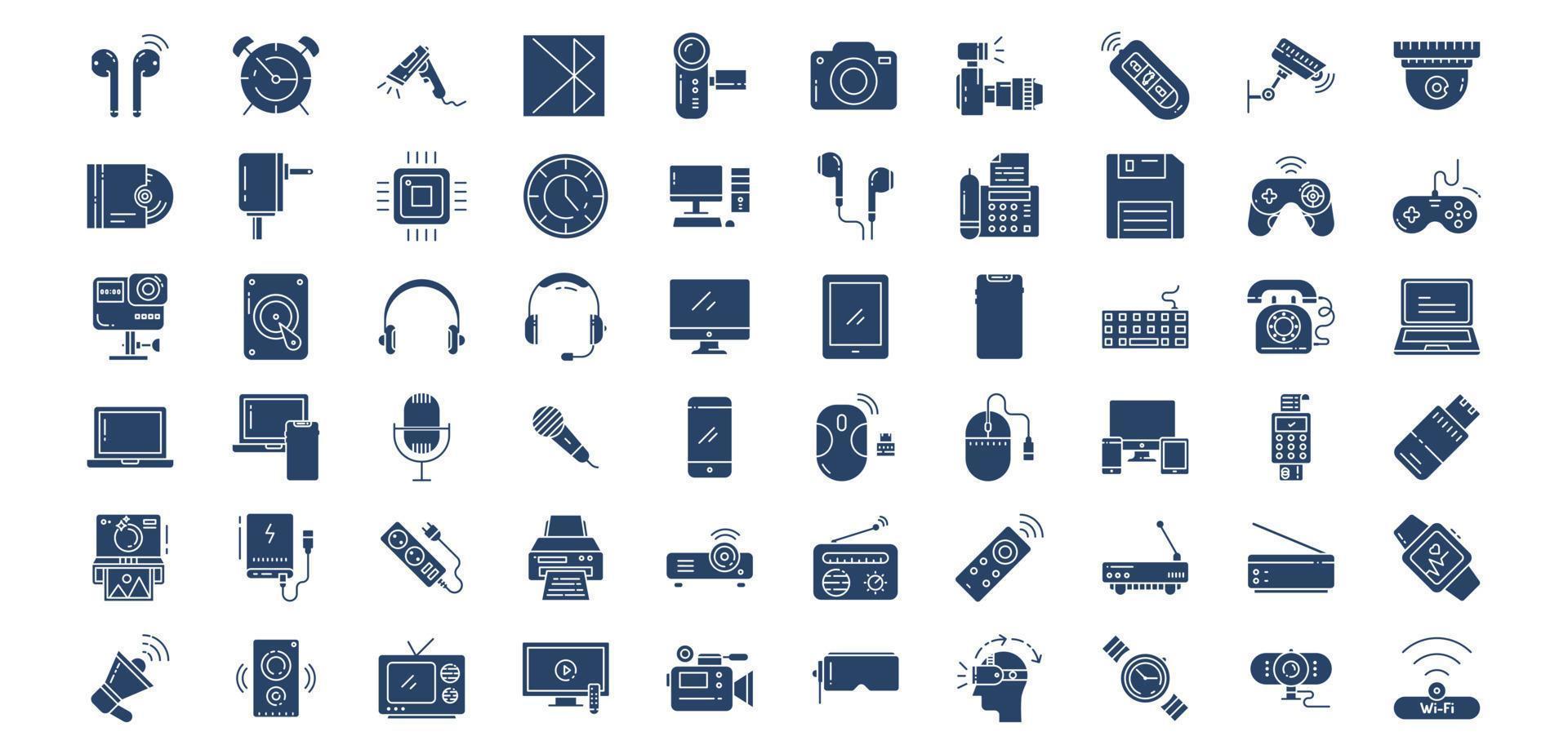 collection d'icônes liées aux appareils et gadgets, y compris des icônes comme l'alarme, le bluetooth, l'appareil photo, la puce et plus encore. illustrations vectorielles, ensemble parfait de pixels vecteur