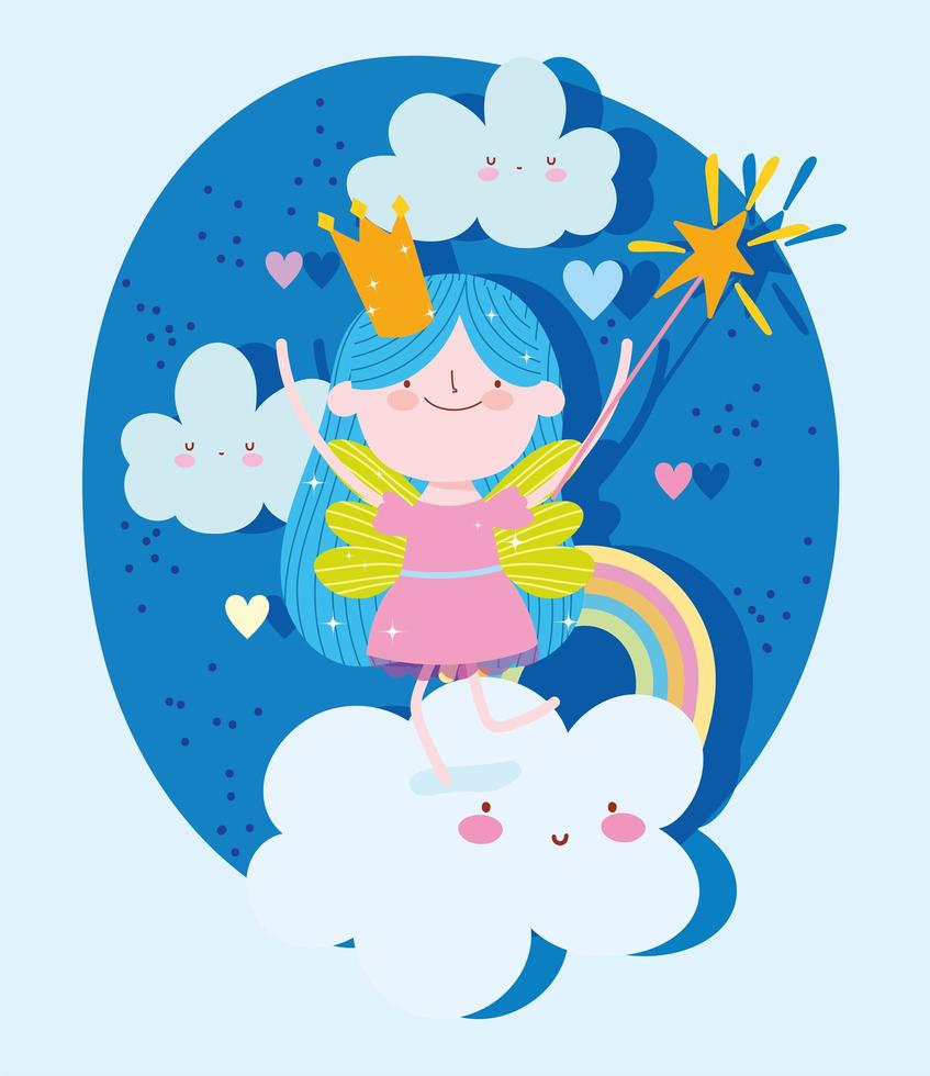 princesse avec baguette magique sur les nuages et arc en ciel vecteur