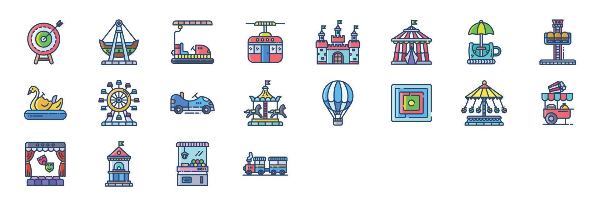collection d'icônes liées au parc d'attractions et aux jeux, y compris des icônes comme le tir à l'arc, le bateau, le château et plus encore. illustrations vectorielles, ensemble parfait de pixels vecteur