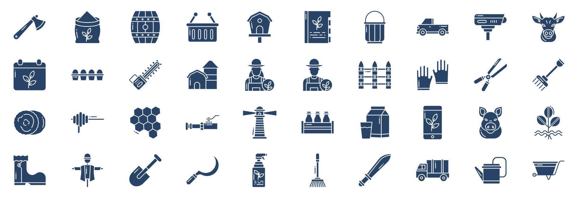 collection d'icônes liées à l'agriculture et à l'agriculture, y compris des icônes comme la hache, le baril, le panier, le livre et plus encore. illustrations vectorielles, ensemble parfait de pixels vecteur