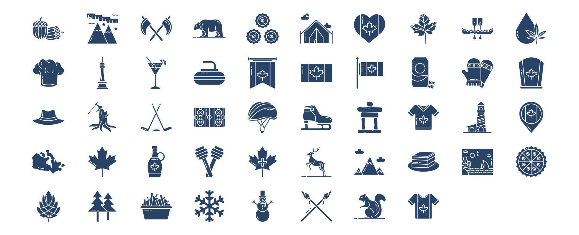 collection d'icônes liées au pays du canada, y compris des icônes comme l'orignal, l'emplacement, la nature et plus encore. illustrations vectorielles, ensemble parfait de pixels vecteur