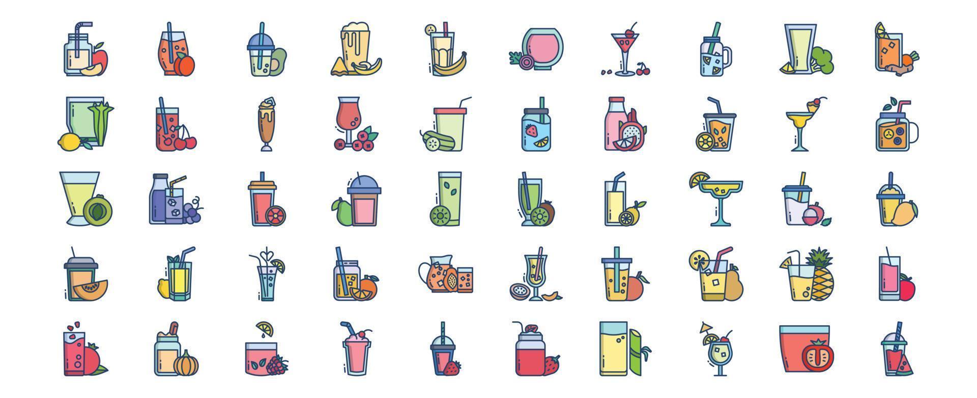 collection d'icônes liées au jus de fruits, y compris des icônes comme le jus de pomme, le jus, le jus d'avocat, le jus de banane, le jus de cerise et plus encore. illustrations vectorielles, ensemble parfait de pixels vecteur