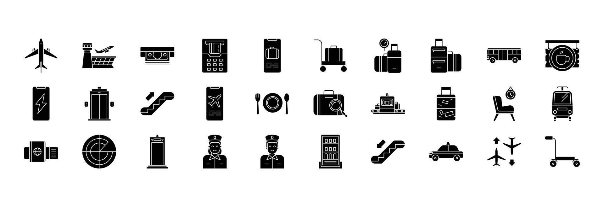collection d'icônes liées à l'aéroport et à la compagnie aérienne, y compris des icônes comme l'avion, les bagages, la restauration, le scanner et plus encore. illustrations vectorielles, ensemble parfait de pixels vecteur