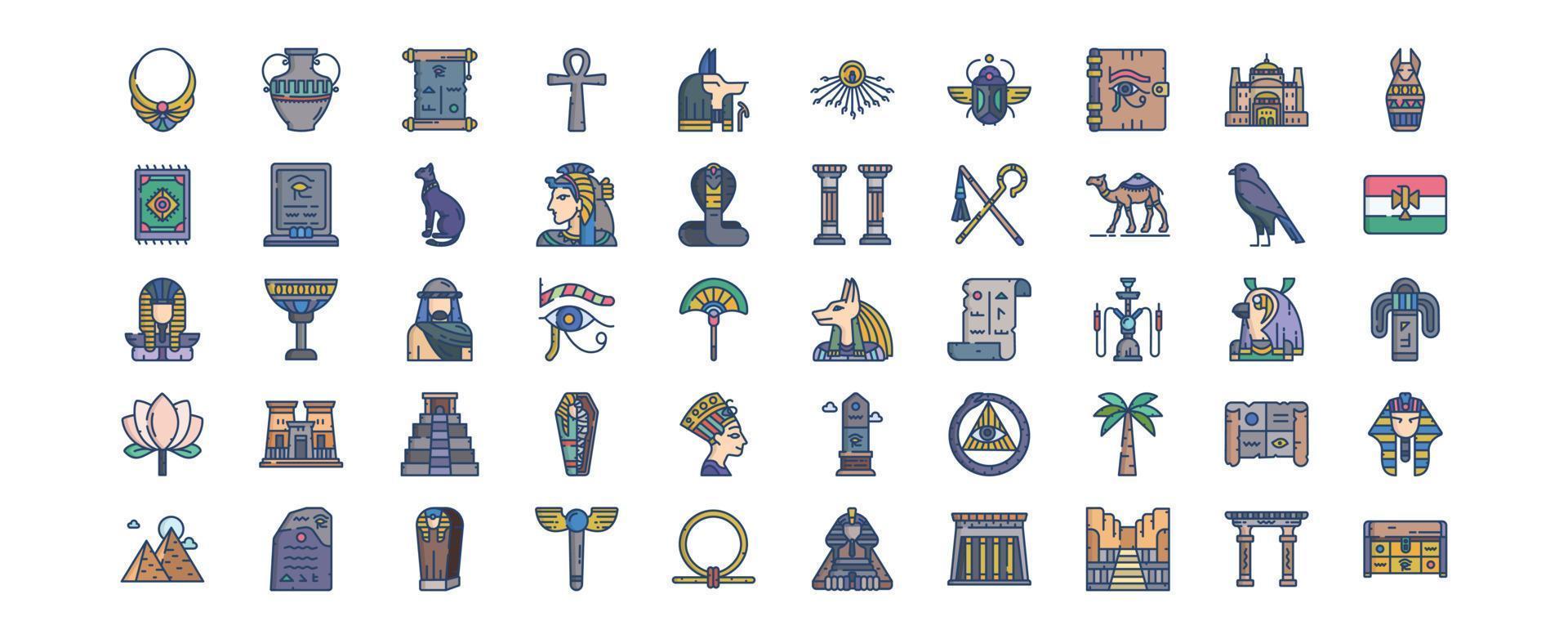 collection d'icônes liées à l'egypte, y compris des icônes comme des accessoires, une momie, un chat, un aigle et plus encore. illustrations vectorielles, ensemble parfait de pixels vecteur