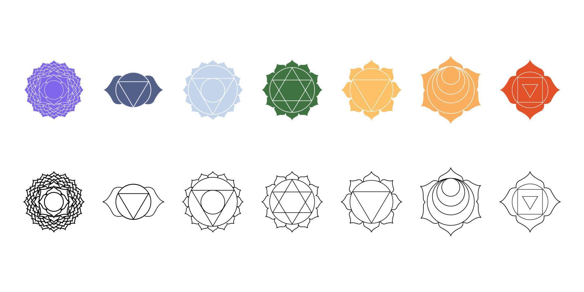 ensemble d'icônes vectorielles de sept chakras. symboles en couleur et en noir et blanc des centres énergétiques du yogi. vecteur