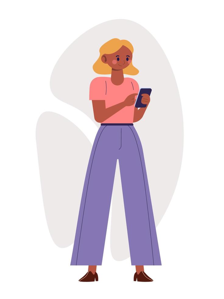 une femme à la peau foncée et aux cheveux blonds utilise un smartphone et appelle. personnage dans un style plat de dessin animé. illustration vectorielle isolée sur fond blanc. vecteur