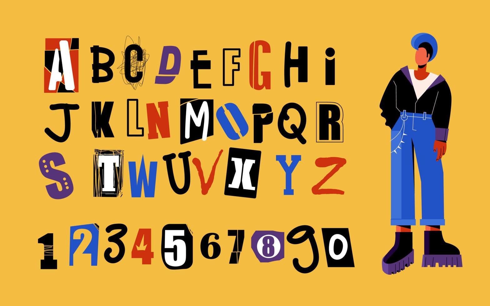 alphabet dans le style punk. les lettres et les chiffres colorés sont dessinés à la main. rocker masculin avec mohawk vecteur