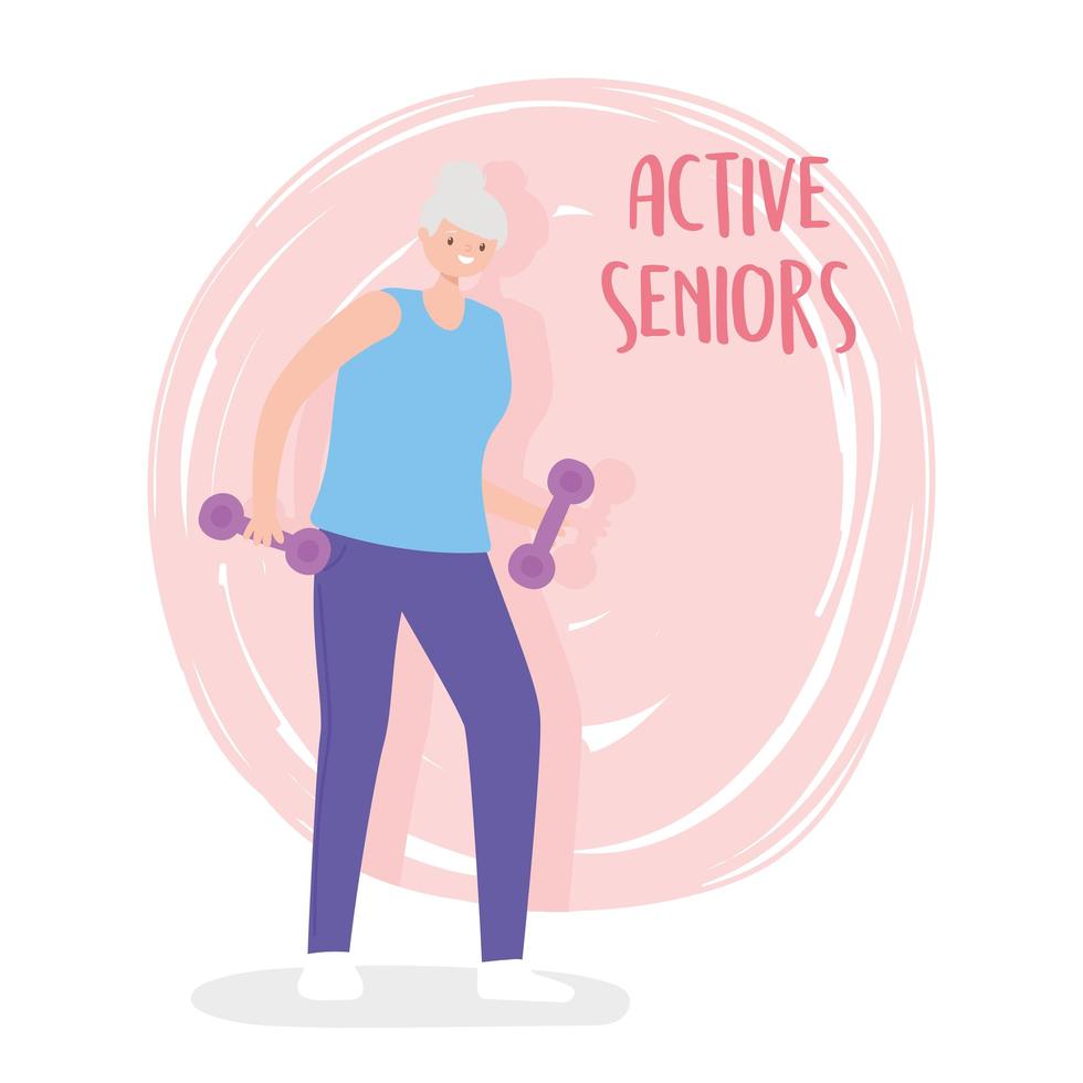 femme senior active souriante avec des haltères vecteur