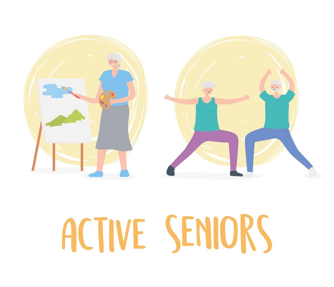 activité seniors, personnes âgées pratiquant l'exercice et les loisirs vecteur