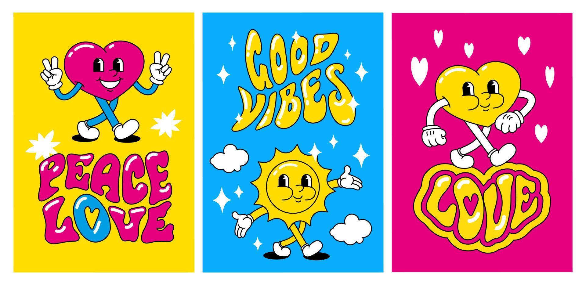 un ensemble de cartes postales rétro lumineuses dans le style hippie. les personnages de dessins animés coeur et soleil sourient. paix et amour, bonnes vibrations vecteur
