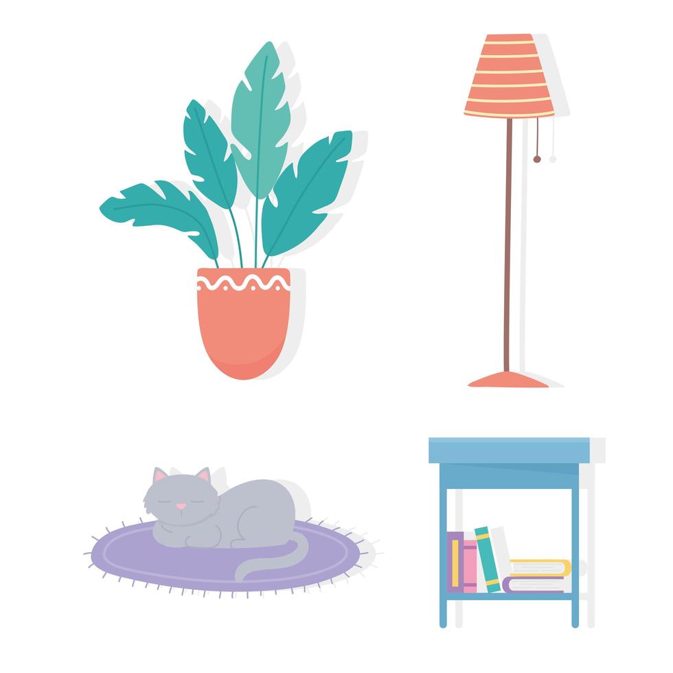 plante en pot, lampe, table, livres, icônes de chat vecteur