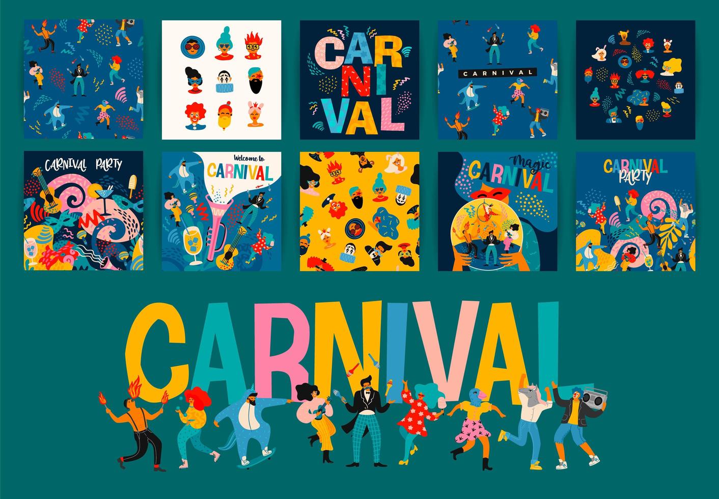 ensemble de dessins d'affiche carrée de carnaval vecteur