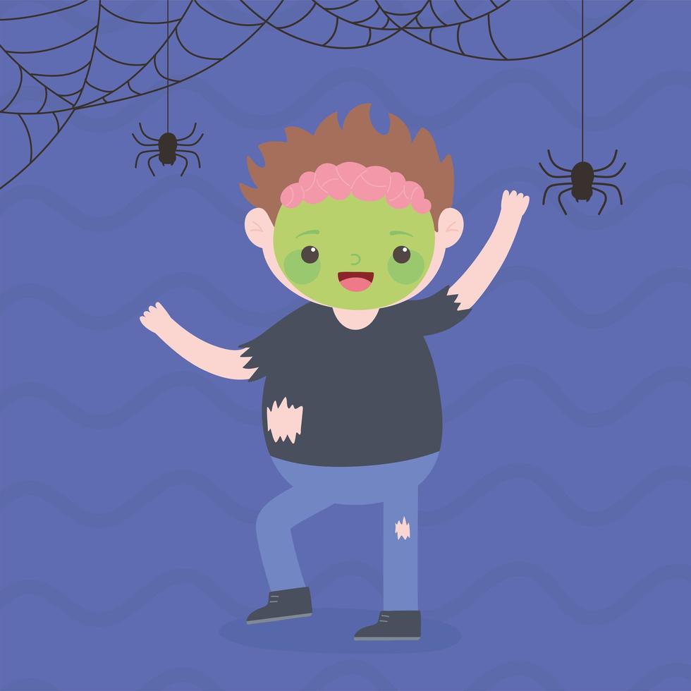 joyeux halloween, souriant garçon zombie avec des araignées vecteur