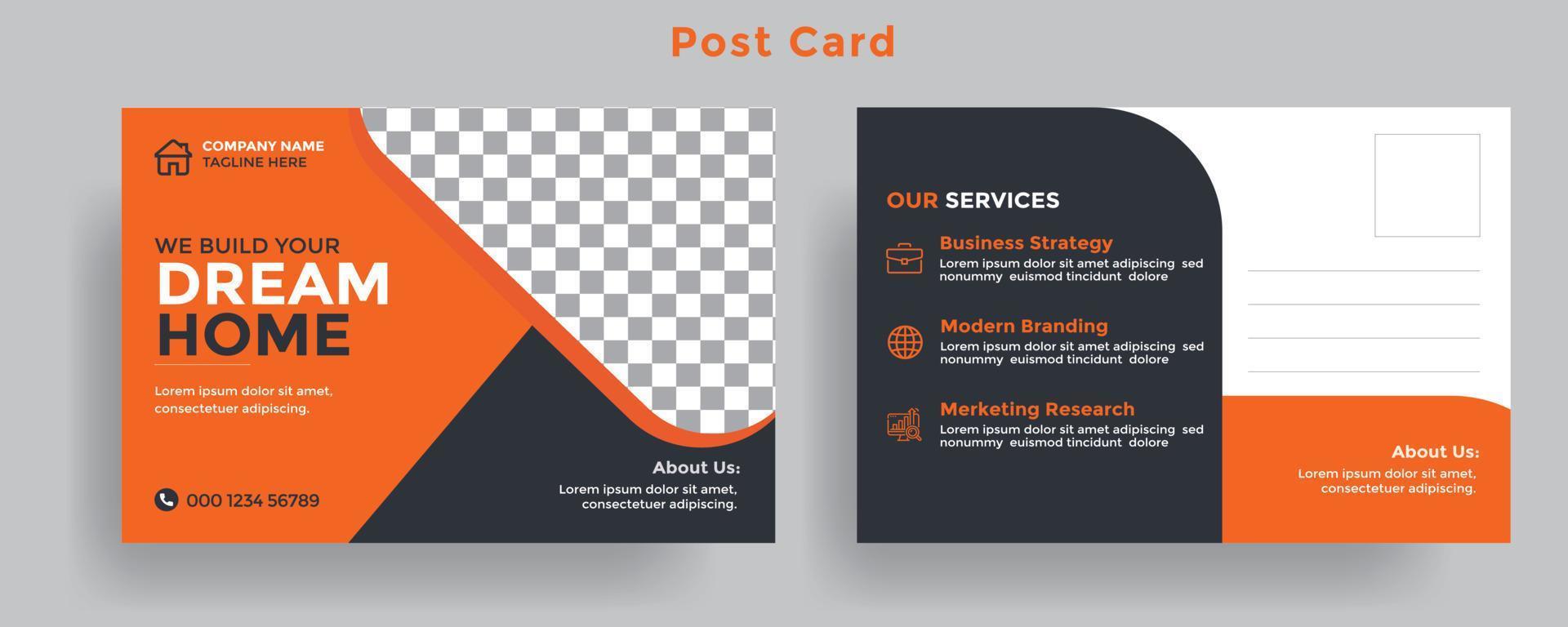 modèle de carte postale eddm immobilier avec couleur orange et noire pour le fichier entièrement modifiable de l'entreprise immobilière. vecteur