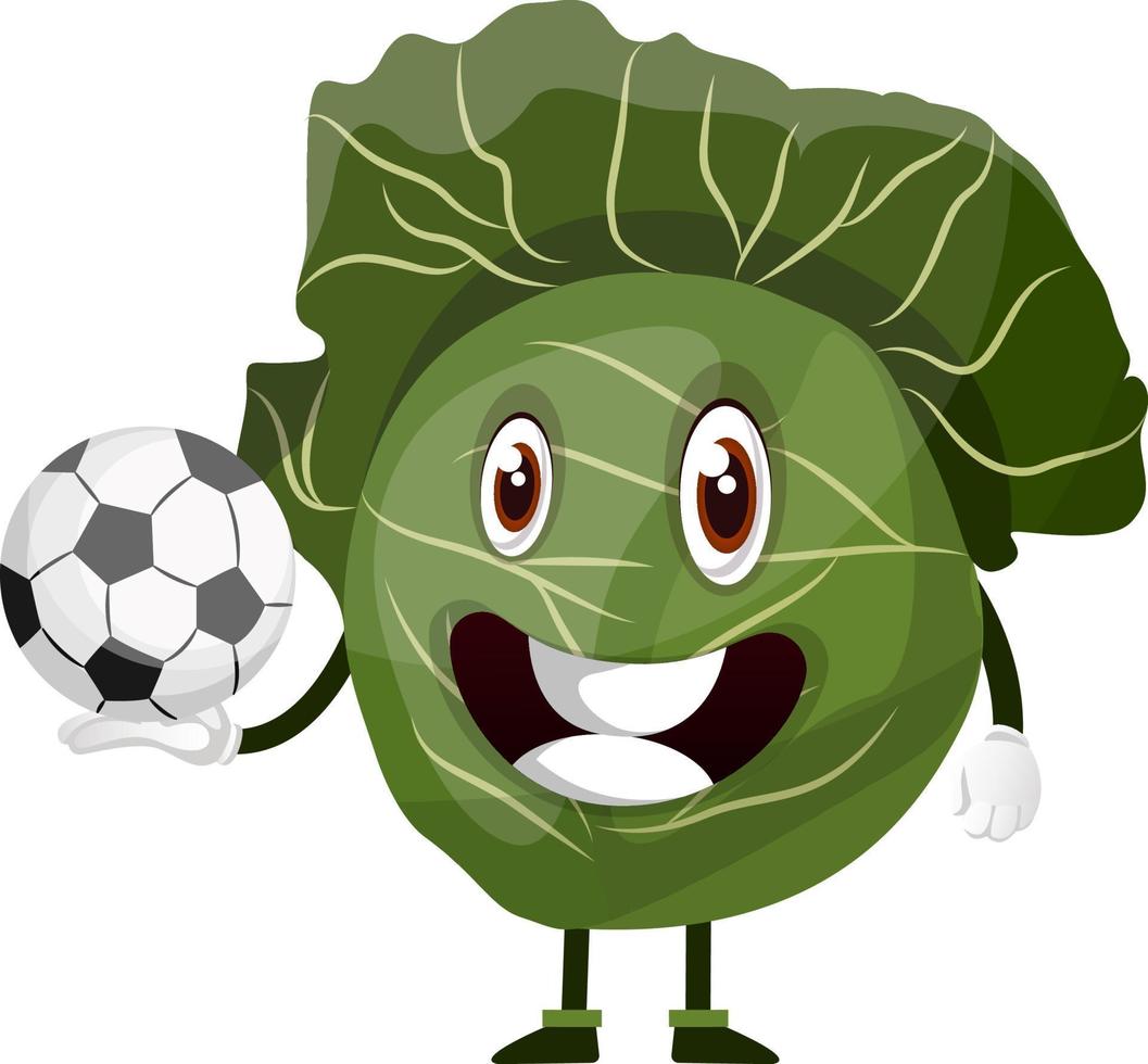 Le chou tient un ballon de football, illustration, vecteur sur fond blanc.