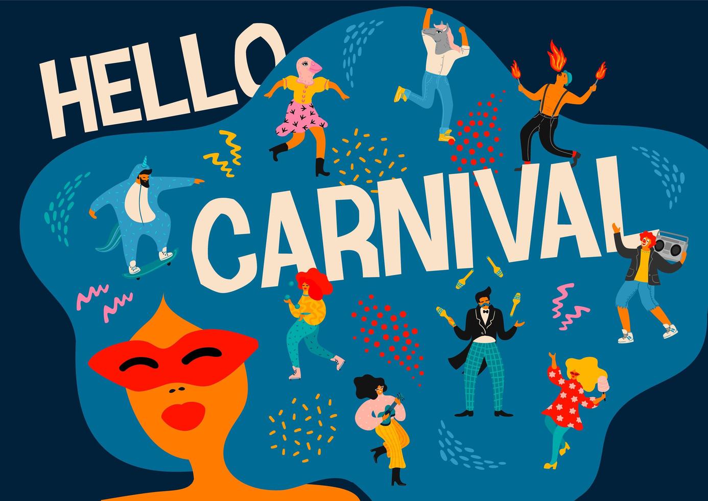 bonjour affiche horizontale de carnaval avec des gens célébrant vecteur