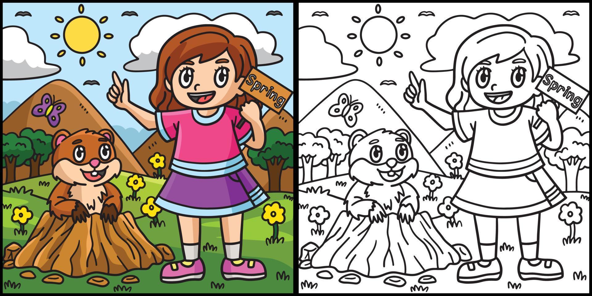 illustration de page de coloriage fille et marmotte vecteur