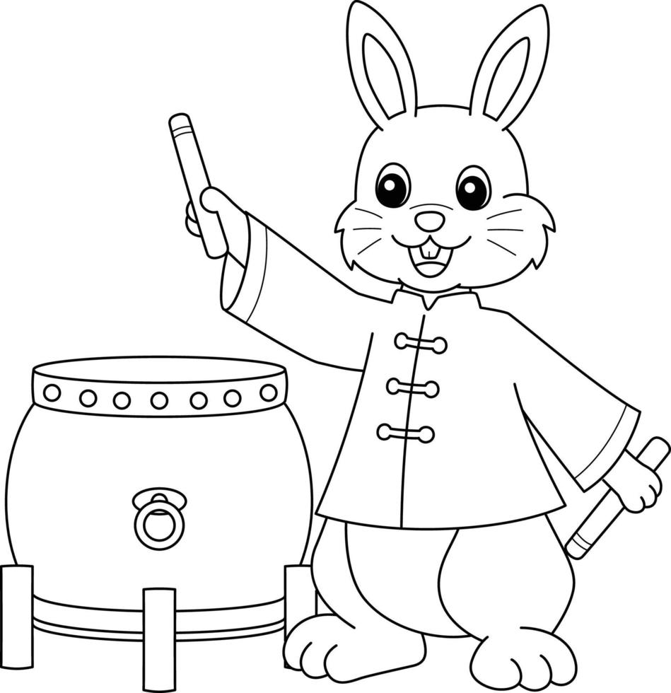 lapin jouant de la batterie isolé coloriage vecteur