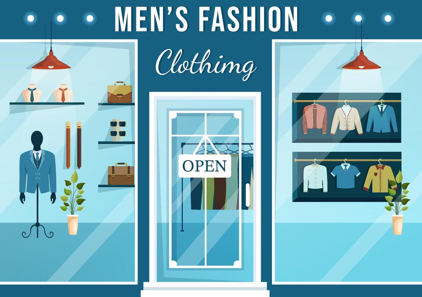 hommes de mode et tenue d'homme à la mode dans une boutique intérieure ou un magasin de vêtements pour faire du shopping sur illustration de modèles dessinés à la main de dessin animé plat vecteur