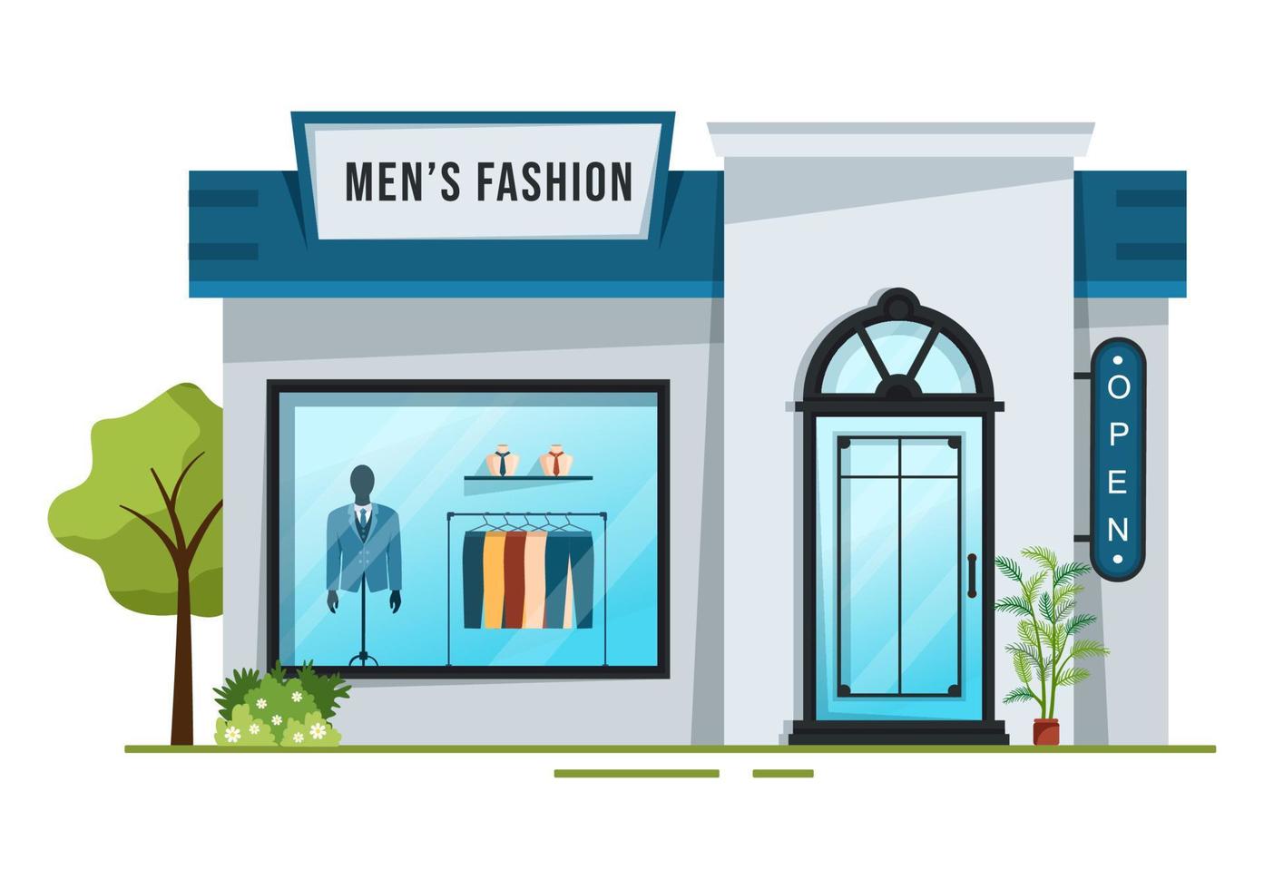 hommes de mode et tenue d'homme à la mode dans une boutique intérieure ou un magasin de vêtements pour faire du shopping sur illustration de modèles dessinés à la main de dessin animé plat vecteur