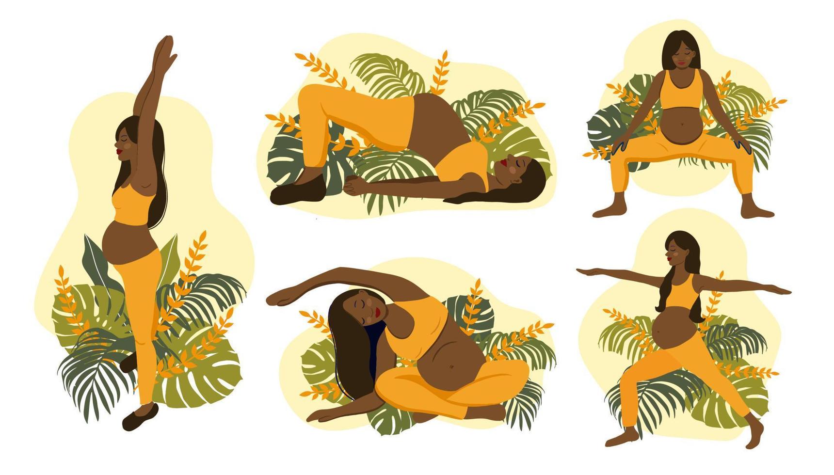 femme africaine et éléments de la nature. concept de femmes enceintes de yoga. détente, méditation pour la future maman. illustration vectorielle vecteur