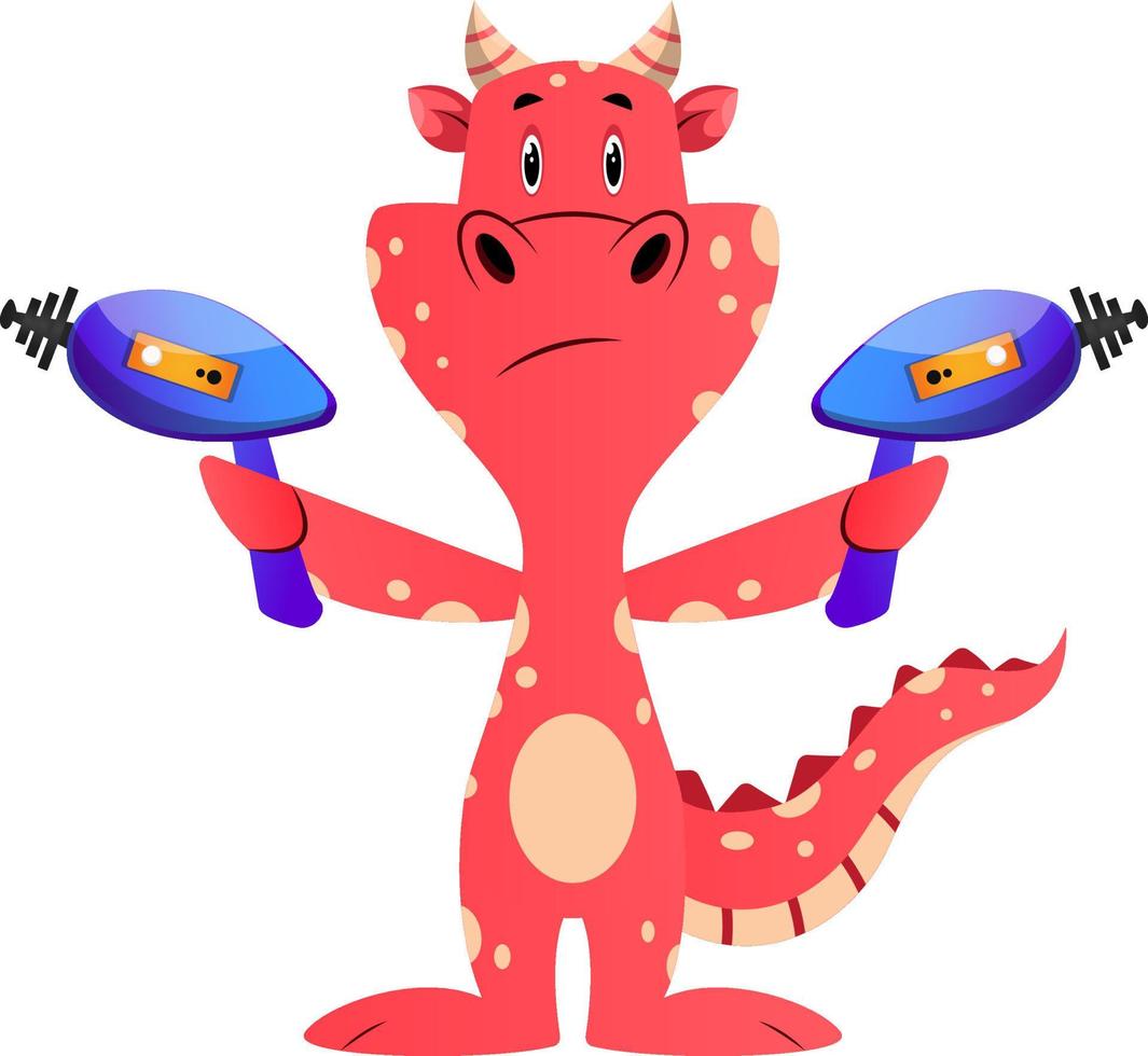 dragon rouge tient un pistolet laser, illustration, vecteur sur fond blanc.