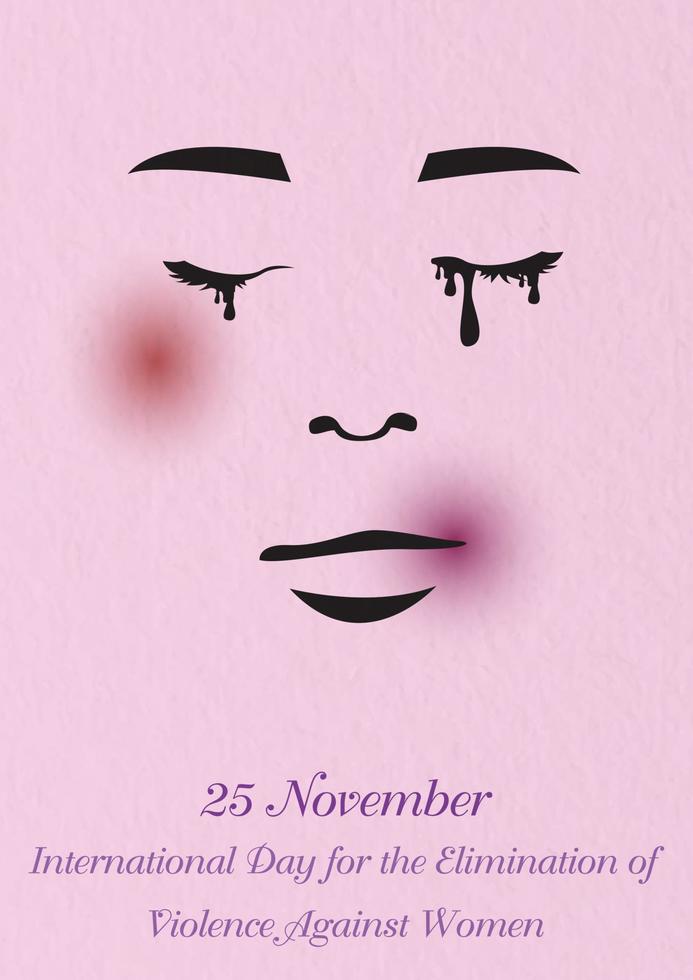 visage d'une femme qui pleure d'être blessée par une ecchymose et la journée internationale pour l'élimination de la violence à l'égard des femmes et le jour de l'événement en violet sur fond rose. vecteur