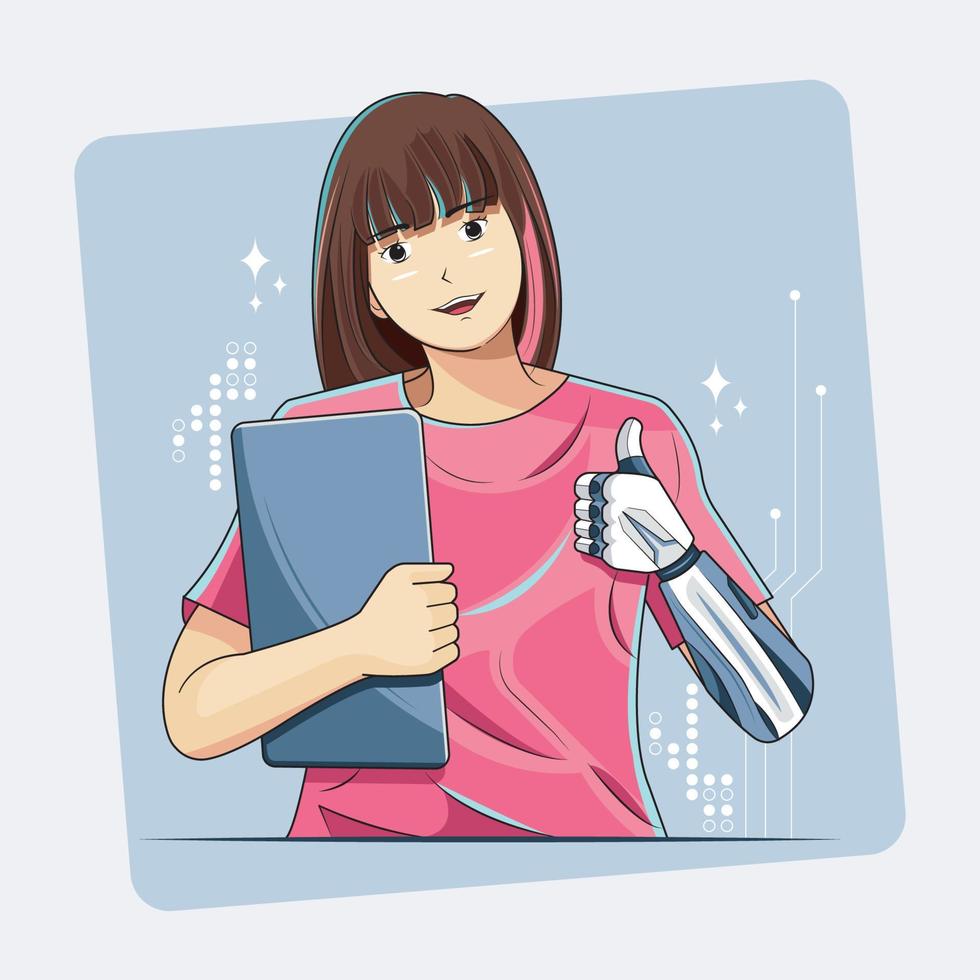 conception ultramoderne. jeune fille confiante avec un bras de prothèse bionique élégant tenant un ordinateur portable illustration vectorielle téléchargement pro vecteur