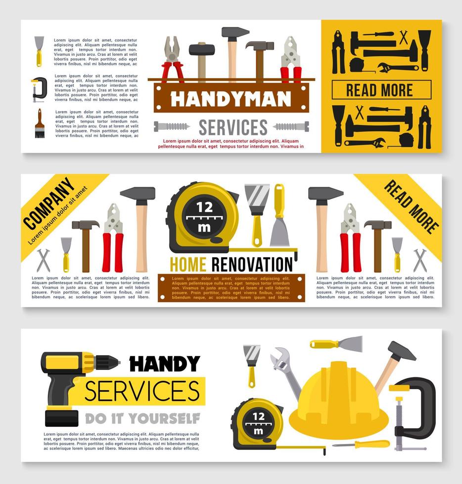 ensemble de bannières de réparation de maison ot outils de travail de construction vecteur