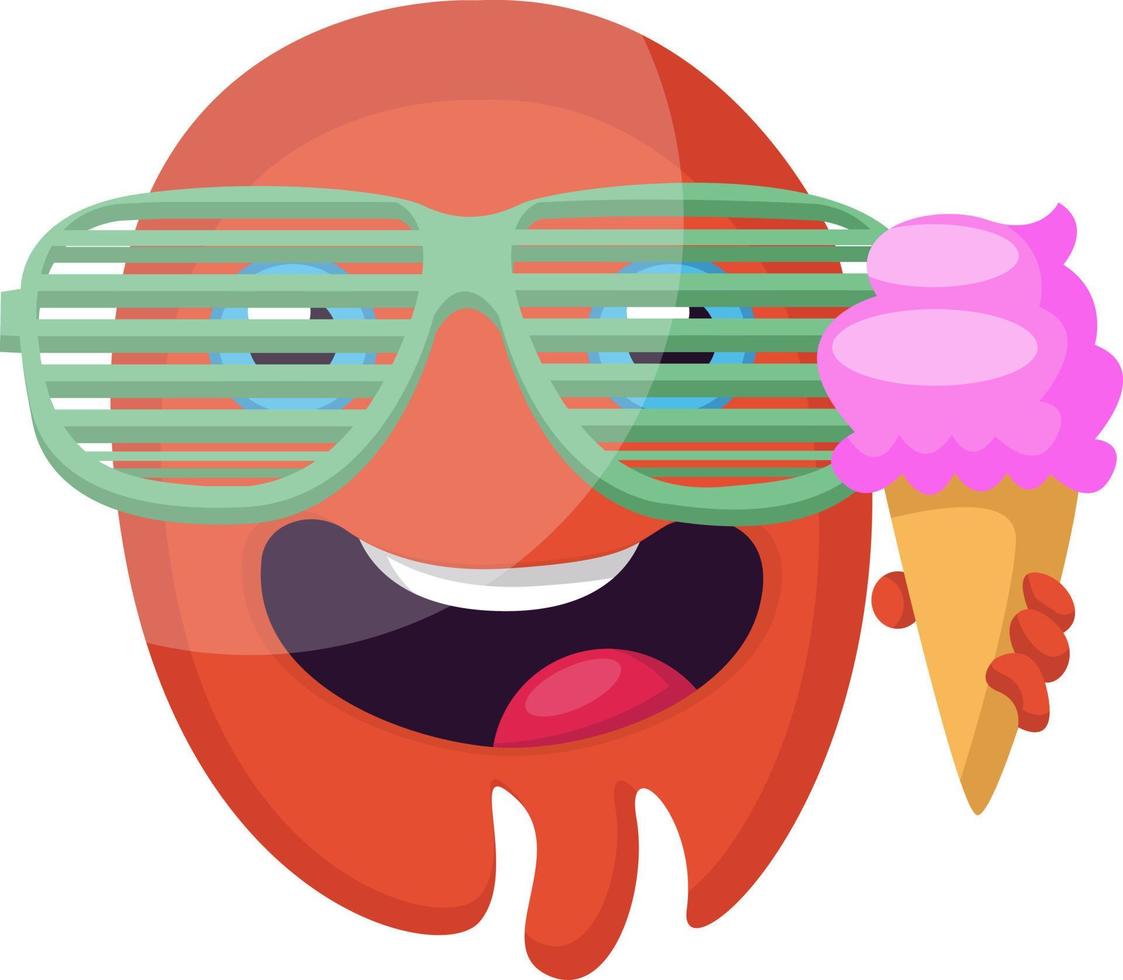 visage emoji rouge rond avec des lunettes de soleil tenant une illustration vectorielle de glace sur fond blanc vecteur