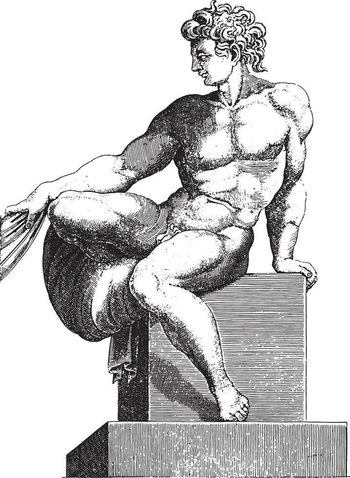 nu assis, adamo scultori, d'après michelangelo, 1585, illustration vintage. vecteur