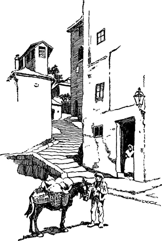 un homme devant des escaliers en pierre, illustration vintage. vecteur