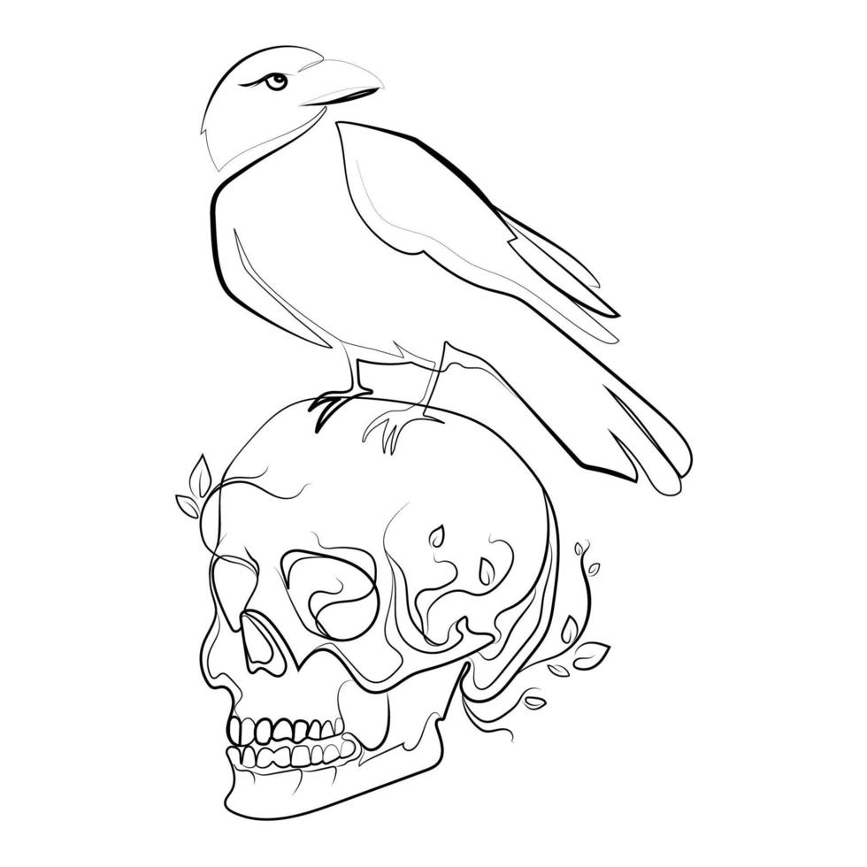 crâne humain avec dessin au trait de corbeau, art vectoriel de style croquis. corbeau sur crâne illustration gothique noir et blanc conception de doublure artistique minimale pour différentes utilisations