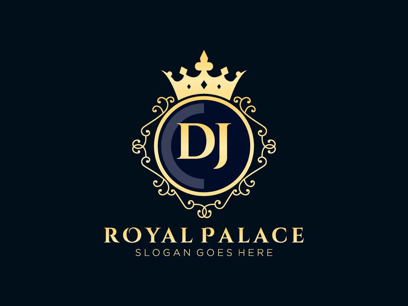 lettre dj logo victorien de luxe royal antique avec cadre ornemental. vecteur