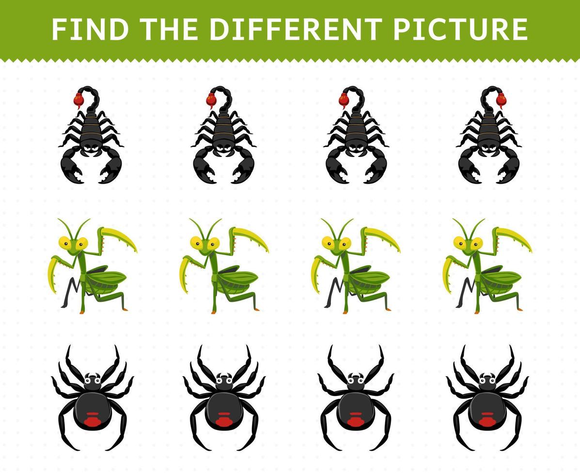 jeu éducatif pour les enfants trouver l'image différente dans chaque rangée de dessin animé mignon araignée mante scorpion feuille de calcul de bogue imprimable vecteur