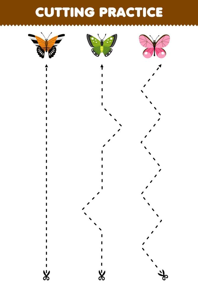 jeu éducatif pour les enfants s'entraînant à couper avec une feuille de calcul imprimable de bogue de papillon de dessin animé mignon vecteur