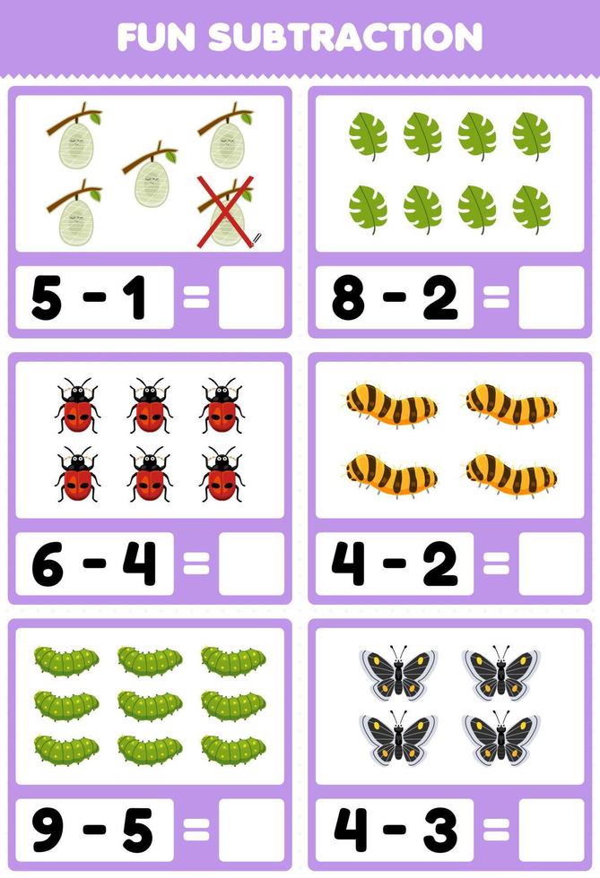 jeu éducatif pour les enfants soustraction amusante en comptant et en éliminant feuille de cocon de dessin animé mignon coccinelle ver à soie chenille papillon feuille de calcul de bogue imprimable vecteur