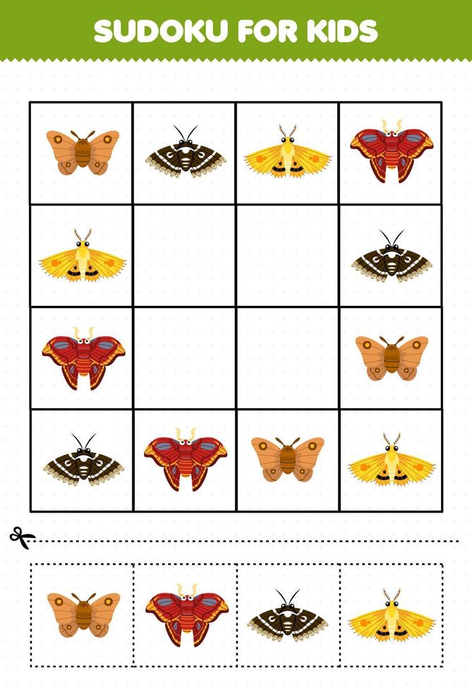 jeu éducatif pour les enfants sudoku pour les enfants avec une feuille de calcul de bogue imprimable de papillon de nuit de dessin animé mignon vecteur