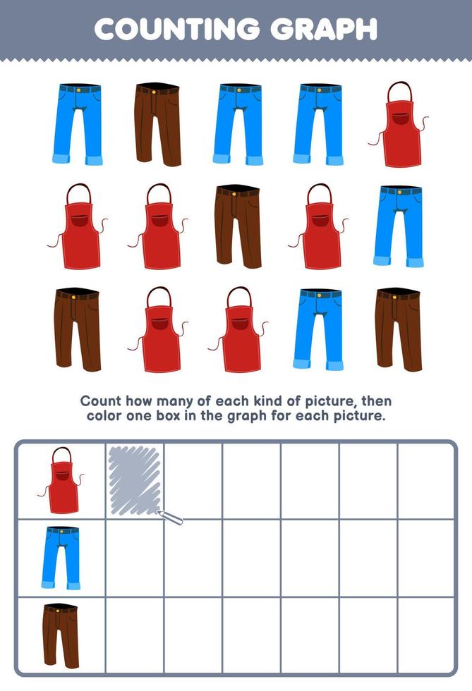 jeu d'éducation pour les enfants comptez combien de pantalons et tabliers en jean de dessin animé mignon puis coloriez la boîte dans le graphique feuille de travail imprimable sur les vêtements portables vecteur