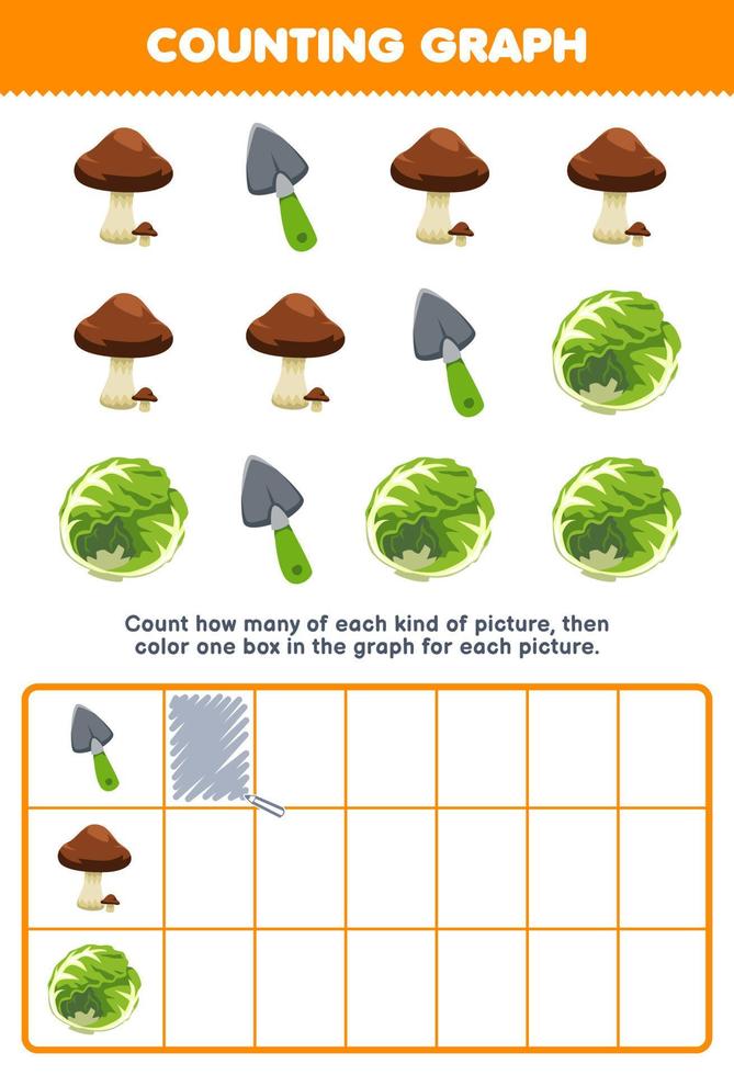 jeu d'éducation pour les enfants comptez combien de chou champignon pelle de dessin animé mignon puis coloriez la case dans la feuille de travail de légumes imprimable graphique vecteur