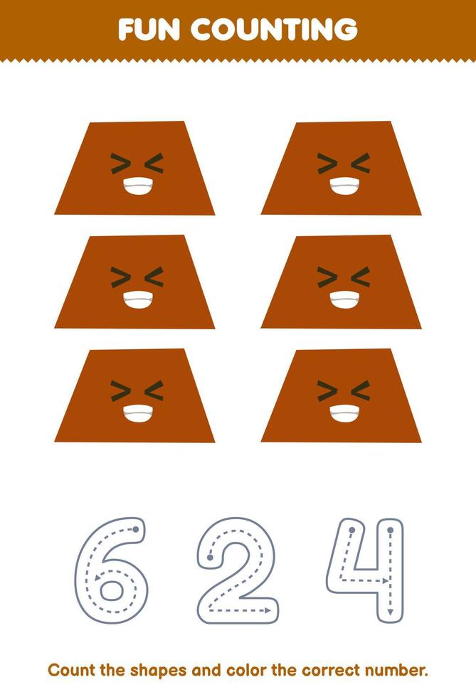 jeu éducatif pour les enfants compter les images et colorier le nombre correct de la feuille de travail de forme géométrique imprimable trapézoïdale de dessin animé mignon vecteur