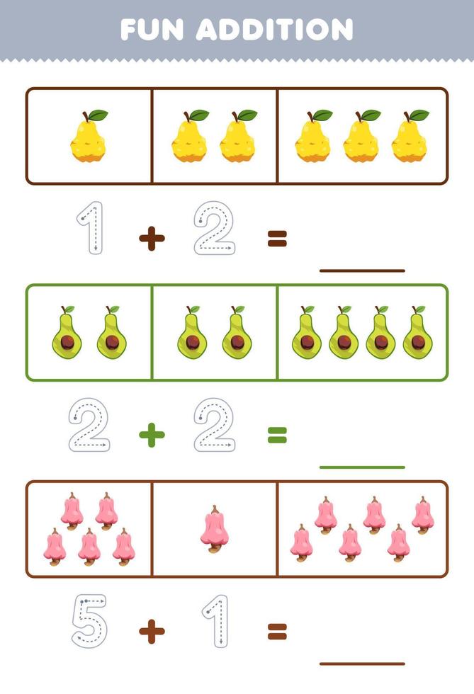 jeu éducatif pour les enfants addition amusante en comptant et en traçant le nombre de feuilles de travail imprimables de fruits de dessin animé mignon poire avocat noix de cajou vecteur