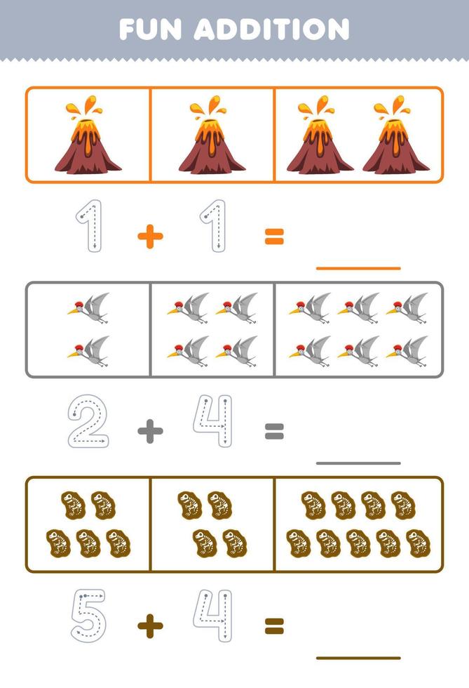 jeu éducatif pour les enfants addition amusante en comptant et en traçant le nombre de dessin animé mignon fossile de dinosaure de volcan feuille de travail de dinosaure préhistorique imprimable vecteur