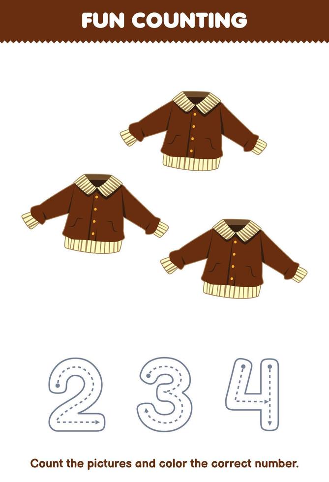 jeu éducatif pour les enfants compter les images et colorier le nombre correct de la feuille de travail imprimable de vêtements portables de veste marron de dessin animé vecteur