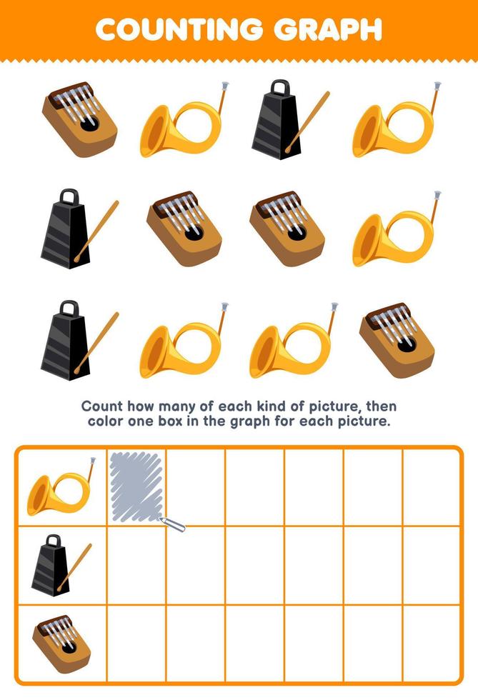 jeu d'éducation pour les enfants compte combien de kalimba de cloche de klaxon de dessin animé mignon puis colorie la boîte dans le graphique feuille de travail d'instrument de musique imprimable vecteur